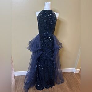 Navy Blue Sequin Maxi Dress With Sparkly Tulle